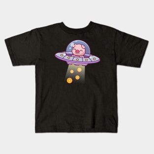 Cute Pig Catching Gold Coin Money With Ufo Cartoon Kids T-Shirt